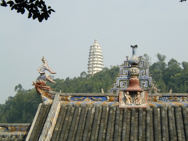 Ornate roof with white pagoda in back