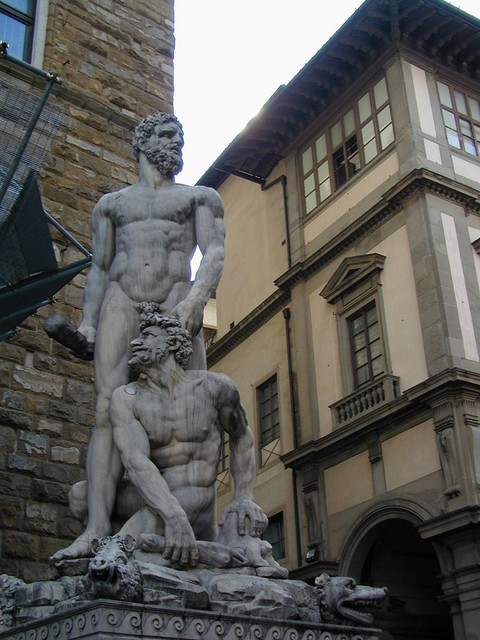 statuary next to David replica at edge of Uffizi
