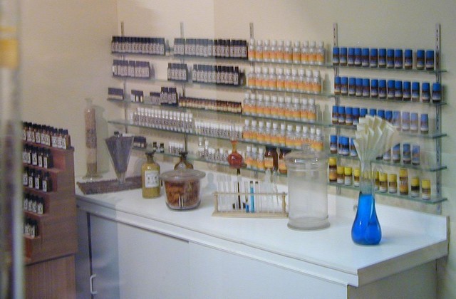 wall of tools for mixing perfume