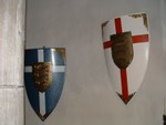 coat of arms on sheilds hanging in the Great Hall