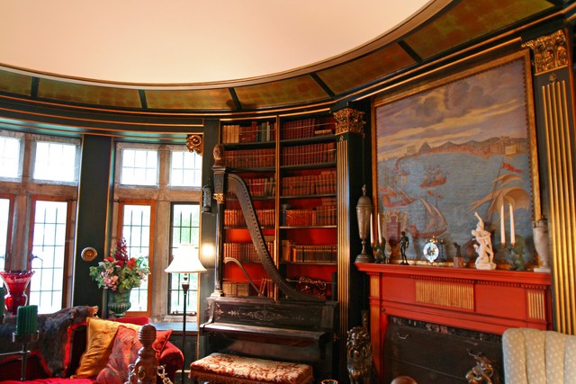 library harp and fireplace