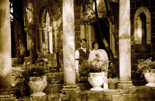Joe and Ren in the courtyard in sepia