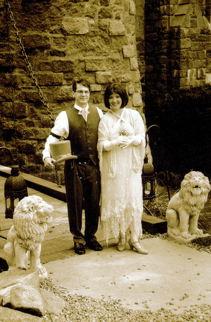 Joe and Ren on the drawbridge in sepia