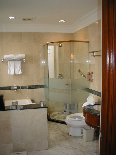 Marble tub and shower at the Peace Hotel
