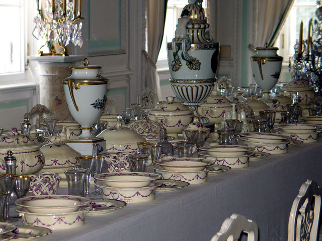 Purple china in White Dining Room