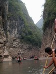 Trackers pull us along Shennong Stream in pea boats