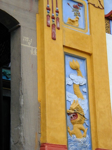 Painted detail on the entrance, including a water marker to show where it will rise to by 2009