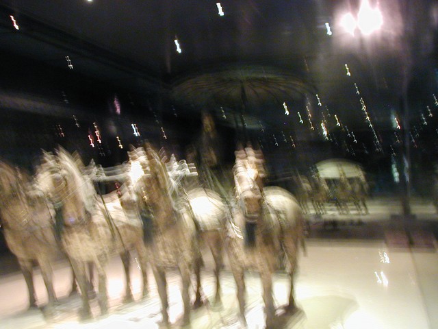 Glassed in bronze horses look like they are running towards the camera.