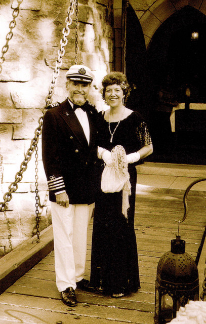 Jim and Connie Nowlin on the drawbridge in sepia