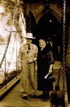 RL and Vickie on the drawbridge in sepia