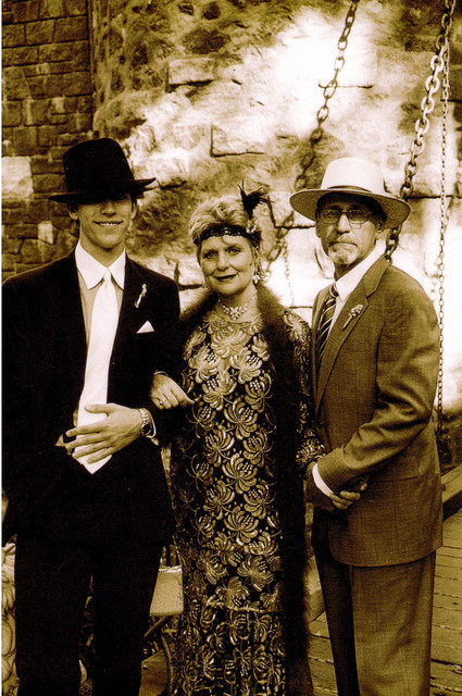 Spike Nancy and Tom on the drawbridge in sepia