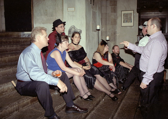 Crew on the stairs of the Great Hall